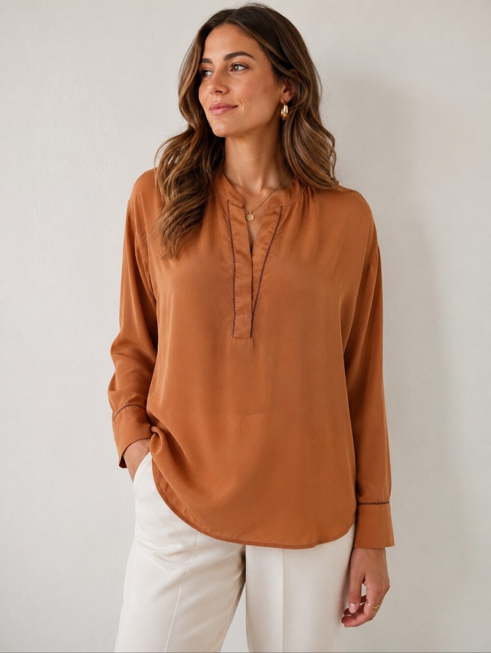 Vince 100% Silk Popover Blouse Camel Brown Long Sleeve Tunic Top L